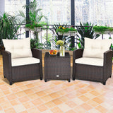 3 Pieces Patio Rattan Furniture Set Cushioned Conversation Set Coffee Table-White