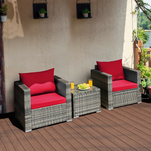 3 Pcs Patio Rattan Furniture Bistro Sofa Set with Cushioned-Red