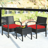 3 Pieces Outdoor Rattan Patio Conversation Set with Seat Cushions-Red