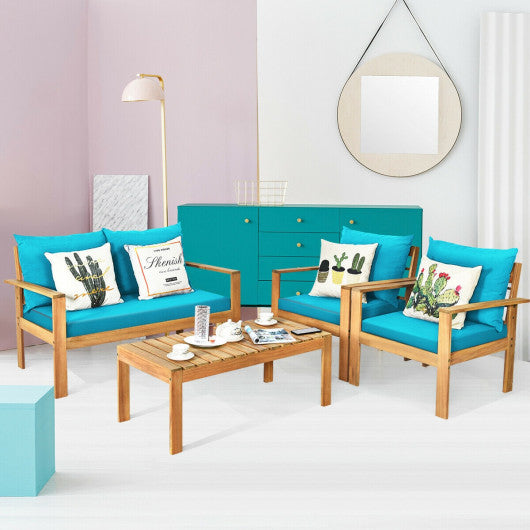 Outdoor 4 Pieces Acacia Wood Chat Set with Water Resistant Cushions-Turquoise