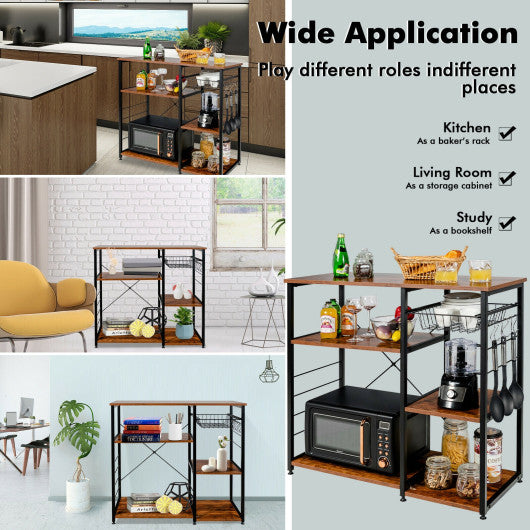 Industrial Kitchen Baker's Rack Microwave Shelf with 6 Hooks-Brown