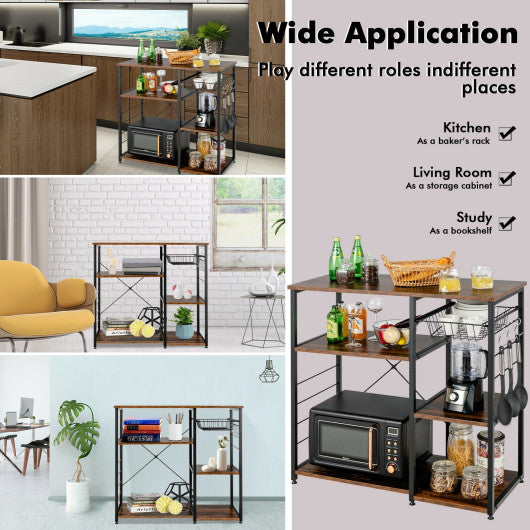 Industrial Kitchen Baker's Rack Microwave Shelf with 6 Hooks-Walnut