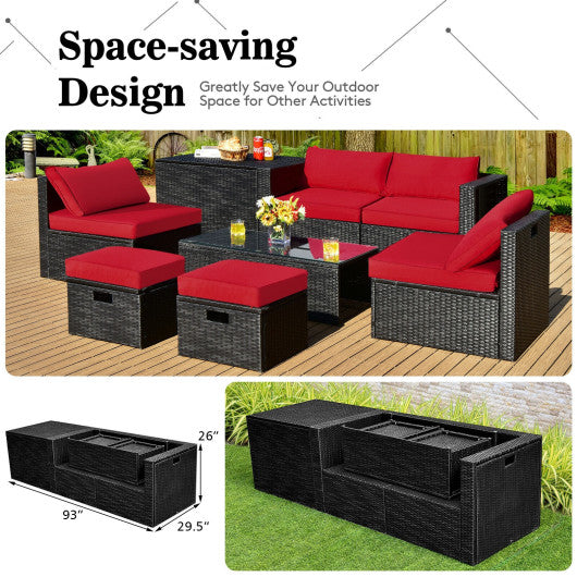 8 Pieces Patio Rattan Storage Table Furniture Set-Red