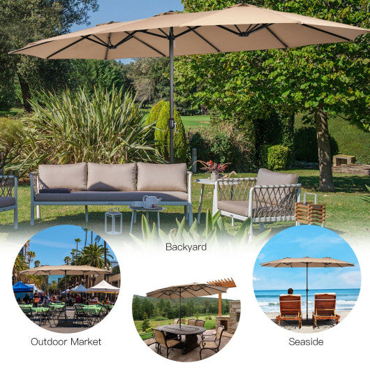 15 Feet Double-Sided Twin Patio Umbrella with Crank and Base-Brown