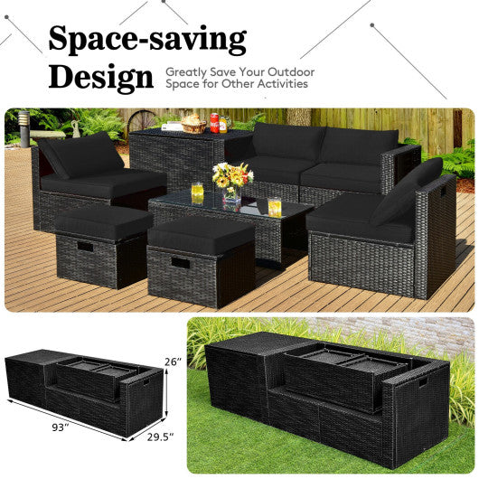 8 Pieces Patio Rattan Storage Table Furniture Set-Black