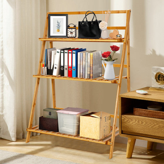 3-Tier Bamboo Foldable Plant Stand with Display Shelf Rack-Natural