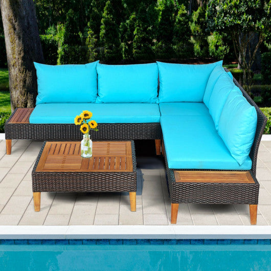 4 Pieces Patio Cushioned Rattan Furniture Set with Wooden Side Table-Turquoise