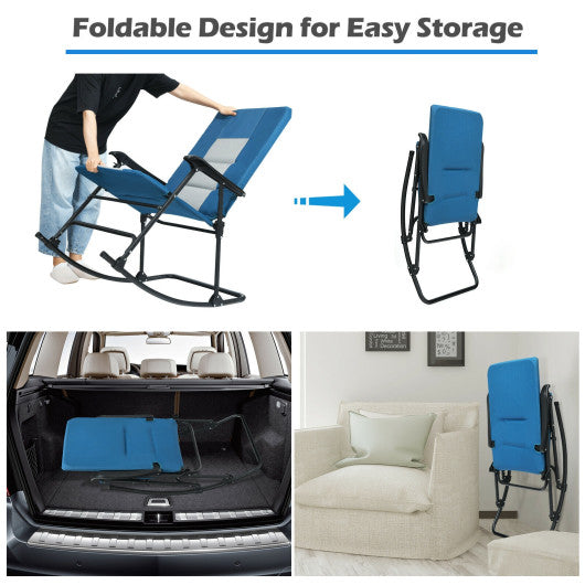 Foldable Rocking Padded Portable Camping Chair with Backrest and Armrest -Blue