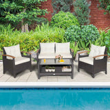 4 Pieces Patio Rattan Furniture Set with Cushioned Sofa and Storage Table-White