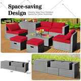 8 Pieces Patio Rattan Furniture Set with Storage Waterproof Cover and Cushion-Red