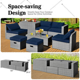 8 Pieces Patio Rattan Furniture Set with Storage Waterproof Cover and Cushion-Navy