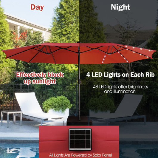 15 Feet Twin Patio Umbrella with 48 Solar LED Lights-Dark Red