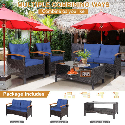 4 Pieces Patio Rattan Furniture Set with Cushioned Sofa and Storage Table-Navy