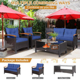 4 Pieces Patio Rattan Furniture Set with Cushioned Sofa and Storage Table-Navy