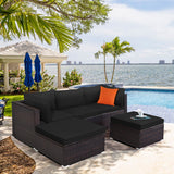 5 Pieces Patio Sectional Rattan Furniture Set with Ottoman Table-Black