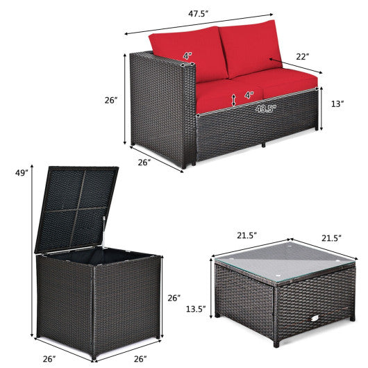 4 Pieces Outdoor Patio Rattan Furniture Set with Cushioned Loveseat and Storage Box-Red