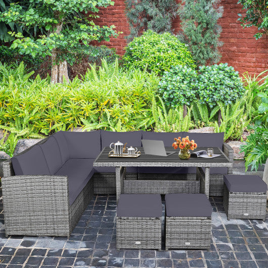 7 Pieces Patio Rattan Dining Furniture Sectional Sofa Set with Wicker Ottoman-Gray