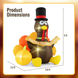 5 FT Inflatable Turkey with Pumpkin and LED Lights for Indoor Party