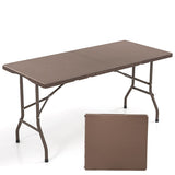 5FT Folding Picnic Table with Rattan Grain HDPE Tabletop and Sturdy Metal Fame-Coffee