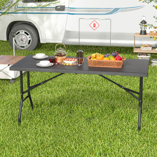 5FT Folding Picnic Table with Wood Grain HDPE Tabletop and  Non-slip Foot Pads-Black