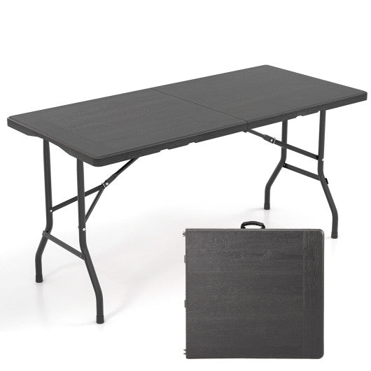 5FT Folding Picnic Table with Wood Grain HDPE Tabletop and  Non-slip Foot Pads-Black