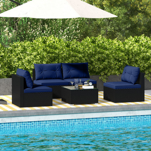 5-Piece Outdoor Patio Furniture Set with Cushions and Coffee Table-Navy