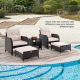 5 Piece Patio Conversation Set Outdoor Rattan Sofa Set with Coffee Table-Beige