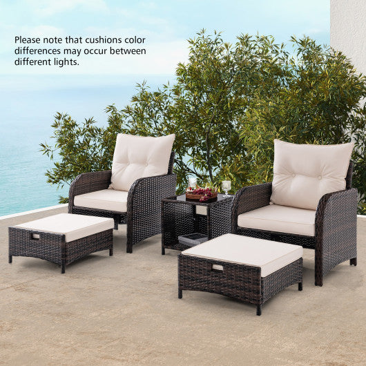 5 Piece Patio Conversation Set Outdoor Rattan Sofa Set with Coffee Table-Beige