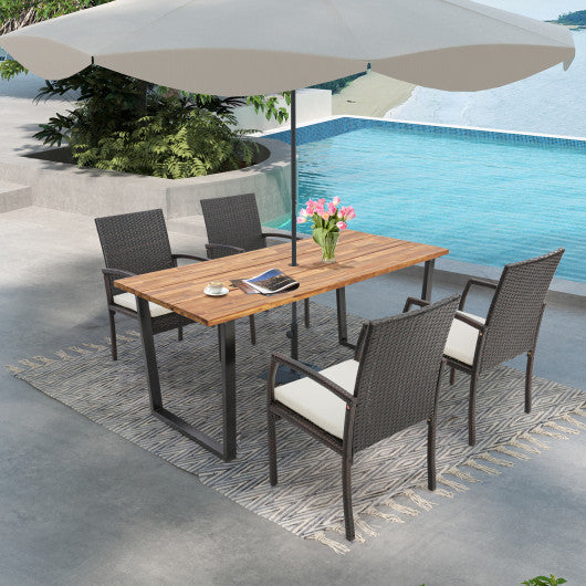 5 Pieces Patio Rattan Dining Set with Umbrella Hole and Seat Cushions