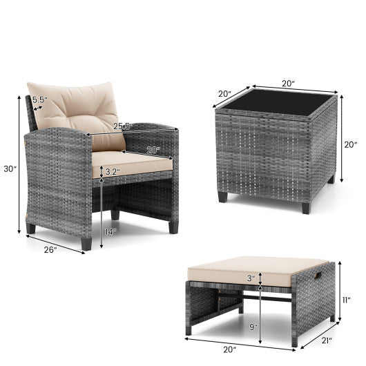 5 Piece Patio Rattan Furniture with 2 Ottomans and Tempered Glass Coffee Table-Beige