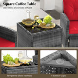 5 Piece Patio Rattan Furniture with 2 Ottomans and Tempered Glass Coffee Table-Red