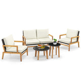 5 Piece Rattan Furniture Set Wicker Woven Sofa Set with 2 Tempered Glass Coffee Tables-Off White