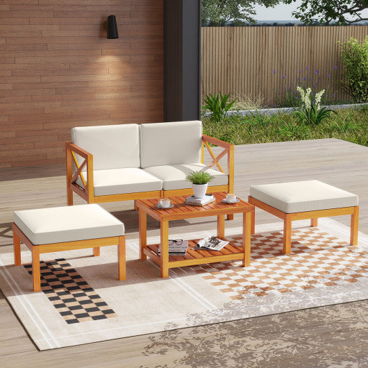 5 Pieces Acacia Wood Patio Lounge Chair Set with Ottomans and Cushions-White