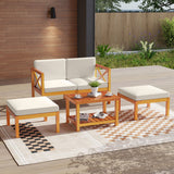 5 Pieces Acacia Wood Patio Lounge Chair Set with Ottomans and Cushions-White