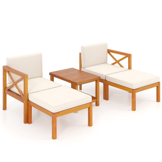 5 Pieces Acacia Wood Patio Lounge Chair Set with Ottomans and Cushions-White