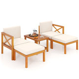 5 Pieces Acacia Wood Patio Lounge Chair Set with Ottomans and Cushions-White