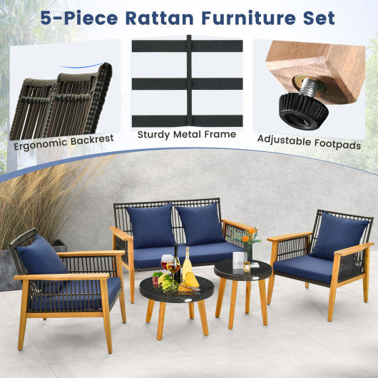 5 Piece Outdoor Conversation Set with 2 Coffee Tables for Backyard Poolside-Navy