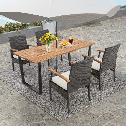 5 Pieces Patio Wicker Chair and Dining Table Set with 2 Inch Umbrella Hole