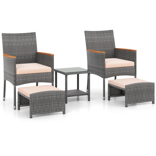 5 Pieces Patio Conversation Set with Soft Cushions and Ottomans-Beige