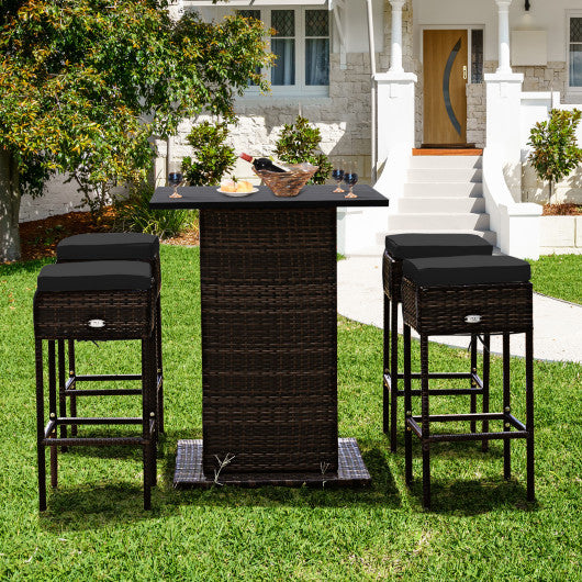 5 Pieces Patio Rattan Bar Furniture Set with Cushions and Hidden Storage Shelf-Black