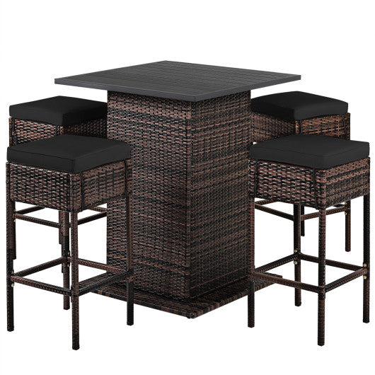 5 Pieces Patio Rattan Bar Furniture Set with Cushions and Hidden Storage Shelf-Black