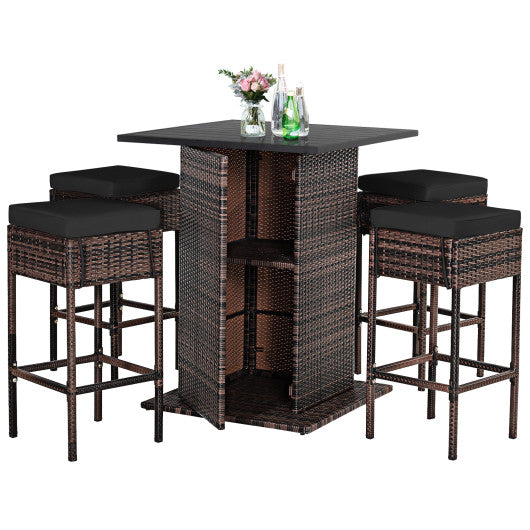 5 Pieces Patio Rattan Bar Furniture Set with Cushions and Hidden Storage Shelf-Black