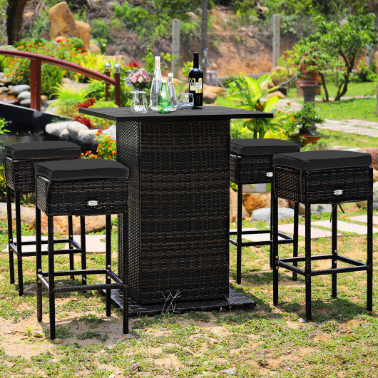 5 Pieces Patio Rattan Bar Furniture Set with Cushions and Hidden Storage Shelf-Black