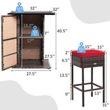 5 Pieces Patio Rattan Bar Table Stool Set Hidden Storage Shelf Cushioned-Red
