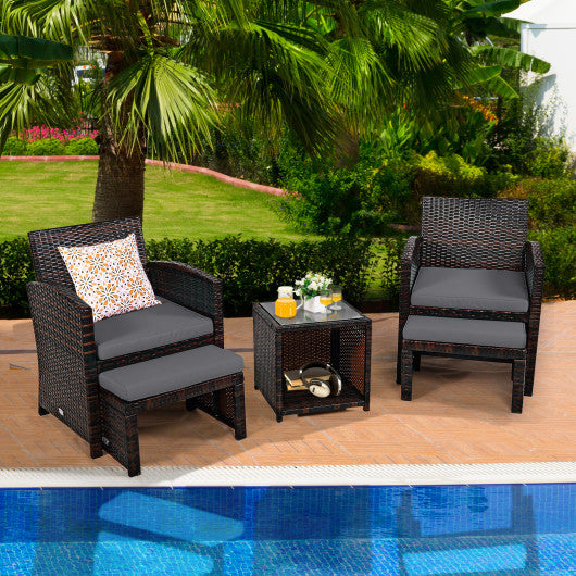 5 Pieces Patio Rattan Furniture Set with Ottoman and Tempered Glass Coffee Table-Gray