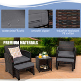 5 Pieces Patio Rattan Furniture Set with Ottoman and Tempered Glass Coffee Table-Gray