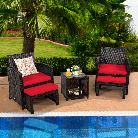 5 Pieces Patio Rattan Furniture Set with Ottoman and Tempered Glass Coffee Table-Red