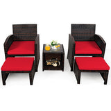 5 Pieces Patio Rattan Furniture Set with Ottoman and Tempered Glass Coffee Table-Red