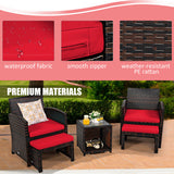 5 Pieces Patio Rattan Furniture Set with Ottoman and Tempered Glass Coffee Table-Red