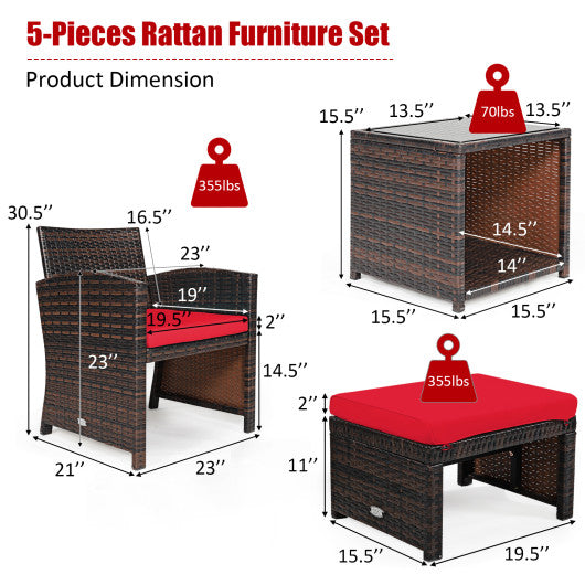 5 Pieces Patio Rattan Furniture Set with Ottoman and Tempered Glass Coffee Table-Red